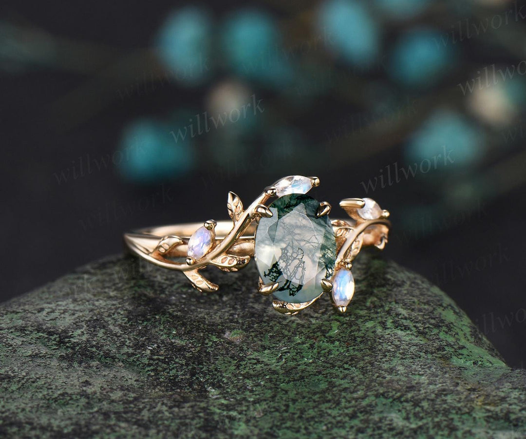 Oval moss agate ring vintage leaf marquise moonstone ring women unique nature inspired engagement ring twig wedding ring yellow gold gift