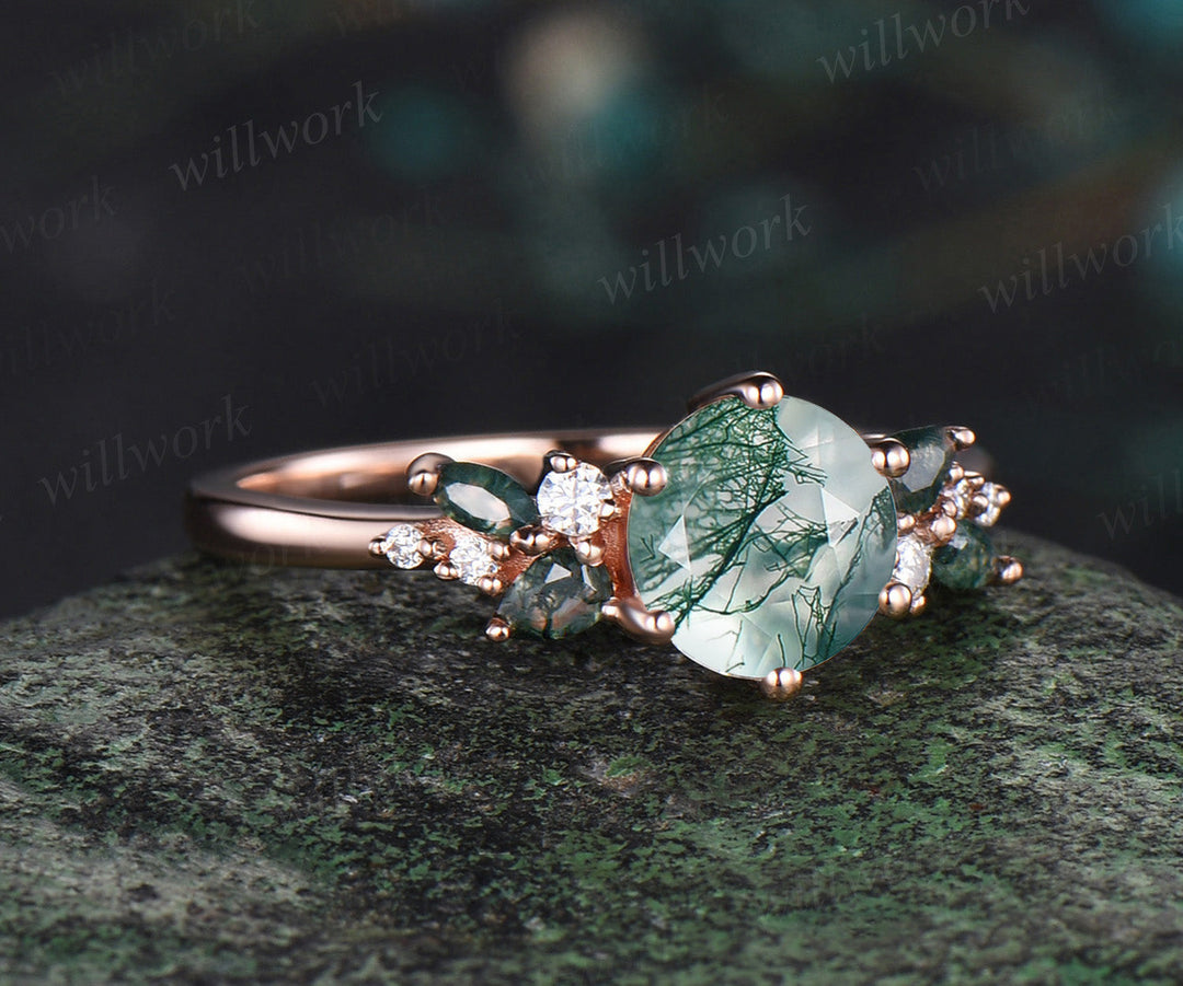 1ct Round cut green moss agate engagement ring rose gold 6 prong snowdrift diamond anniversary promise ring women