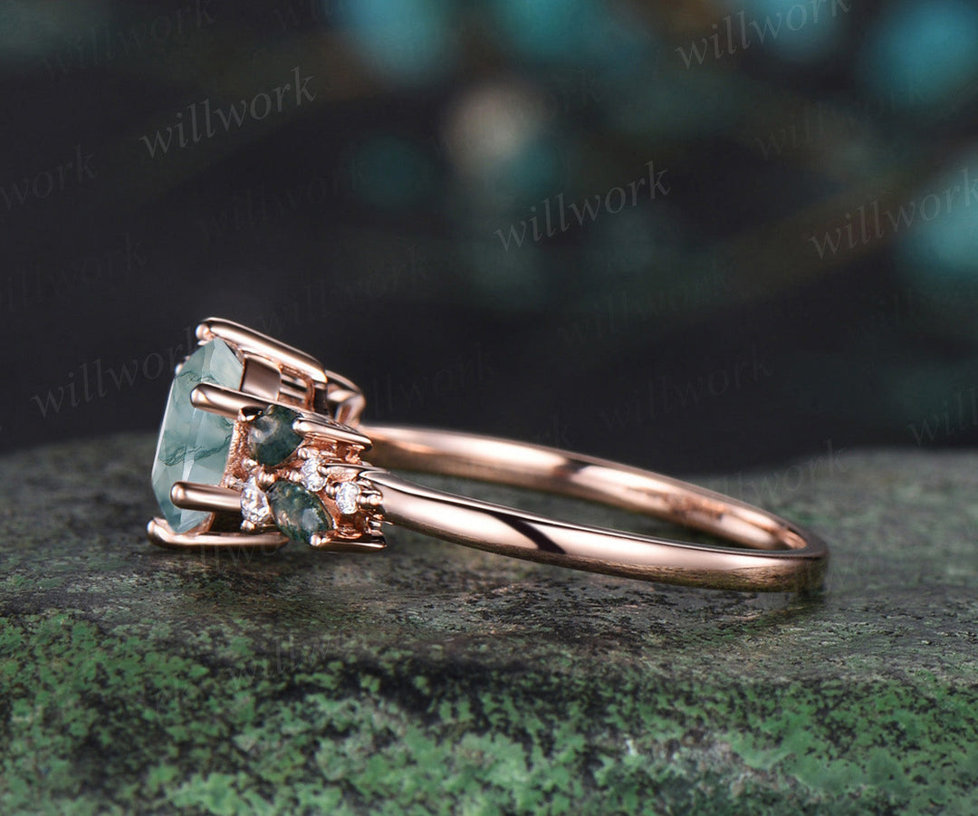 1ct Round cut green moss agate engagement ring rose gold 6 prong snowdrift diamond anniversary promise ring women