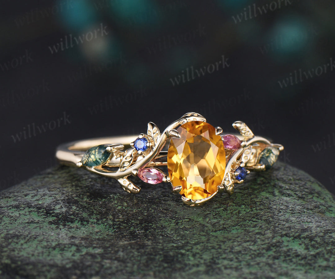 Oval cut Citrine engagement ring yellow gold leaf branch moss agate sapphire Pink tourmaline ring vintage unique anniversary gift