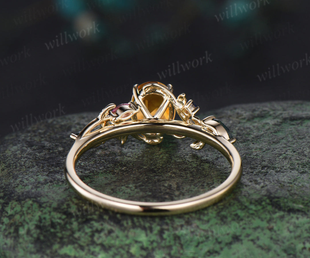 Oval cut Citrine engagement ring yellow gold leaf branch moss agate sapphire Pink tourmaline ring vintage unique anniversary gift