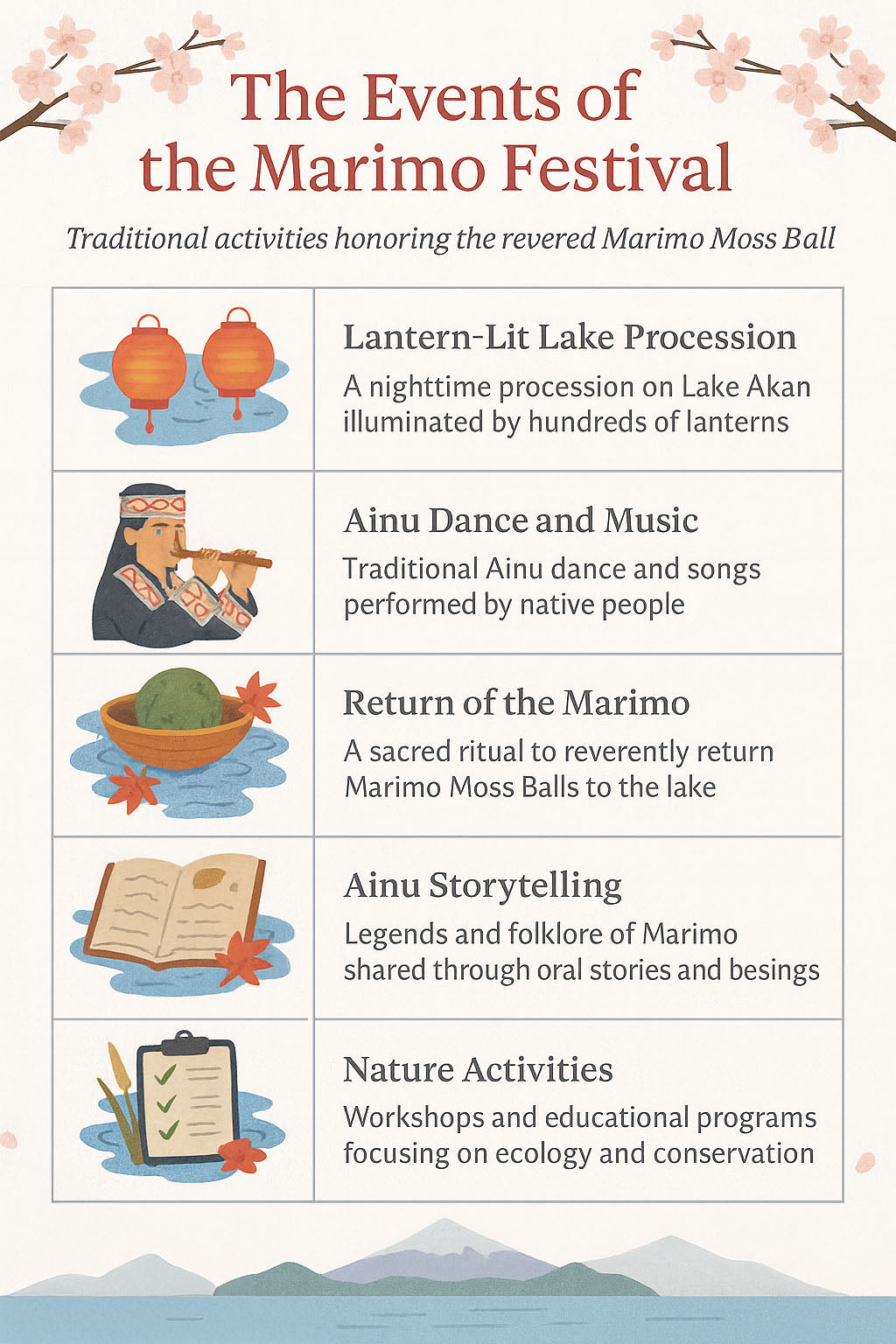 Infographic titled 'The Events of the Marimo Festival' featuring five traditional activities held during the Marimo Matsuri in Lake Akan, Japan. Illustrated sections include: Lantern-lit lake procession, Ainu dance and music, return of the Marimo moss balls to the lake, Ainu storytelling, and nature education activities — all framed with cherry blossoms and Japanese landscape motifs.