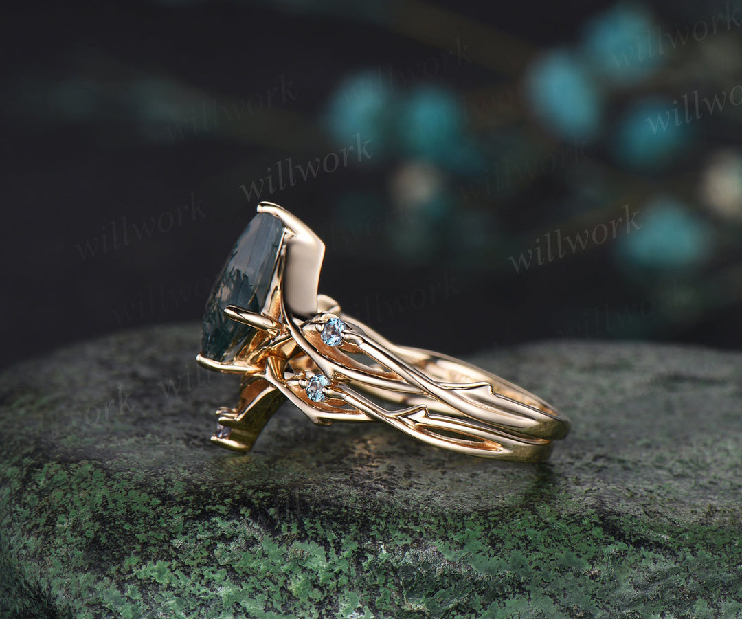 Unique Kite Moss Agate Engagement Ring Vintage Twig Alexandrite Ring Branch Ring yellow Gold Silver Ring Promise Bridal Set Green Agate Ring