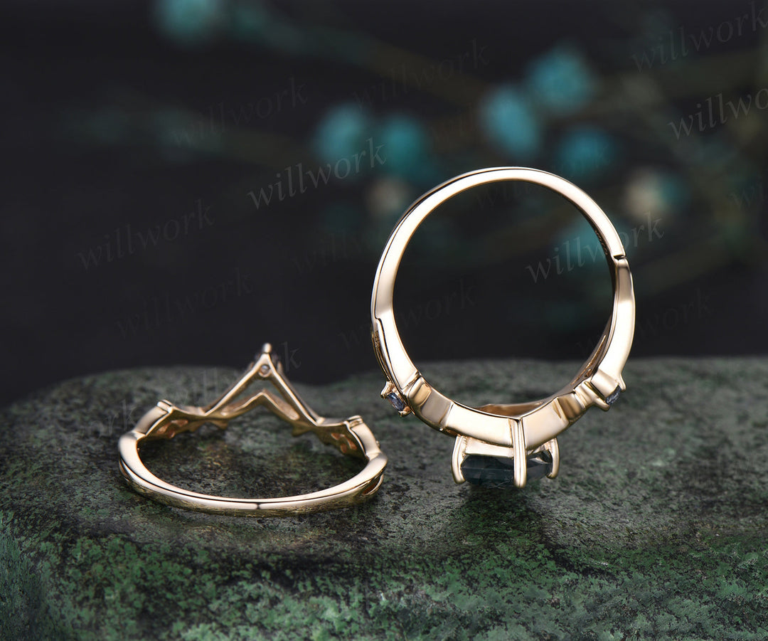 Unique Kite Moss Agate Engagement Ring Vintage Twig Alexandrite Ring Branch Ring yellow Gold Silver Ring Promise Bridal Set Green Agate Ring