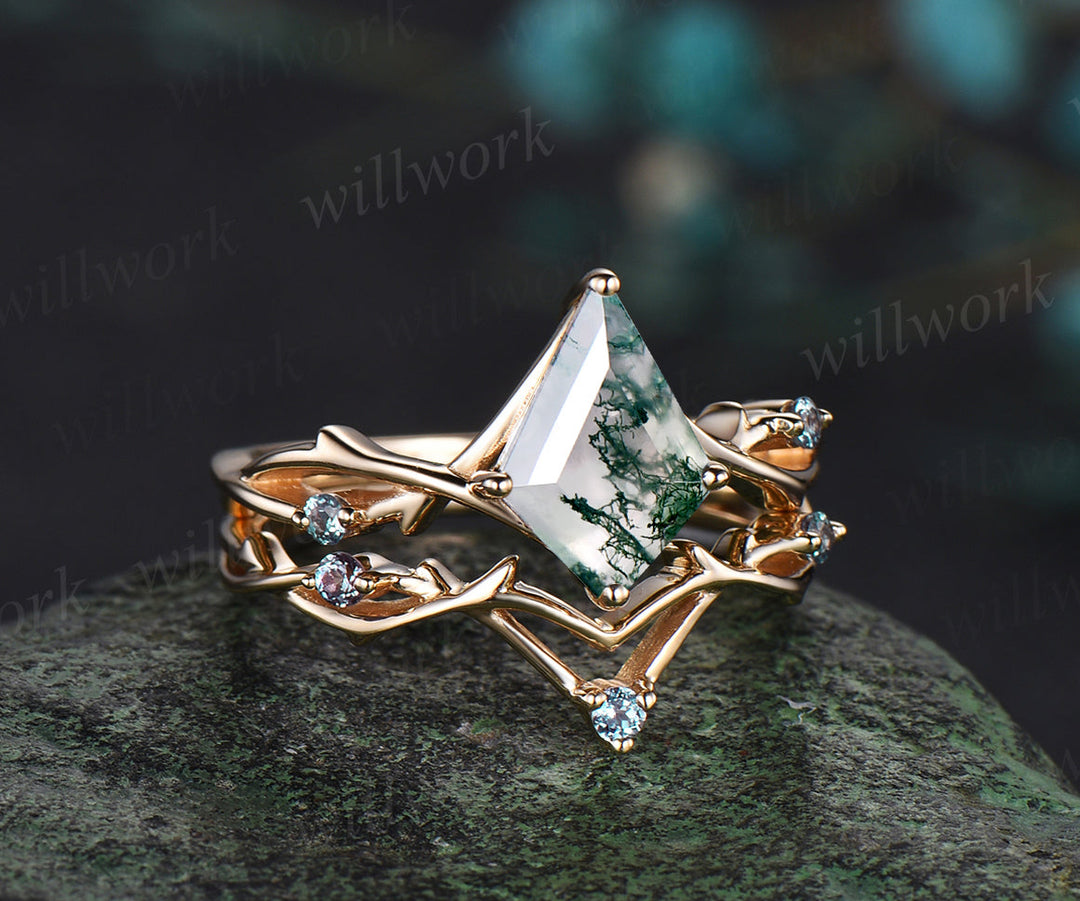 Unique Kite Moss Agate Engagement Ring Vintage Twig Alexandrite Ring Branch Ring yellow Gold Silver Ring Promise Bridal Set Green Agate Ring