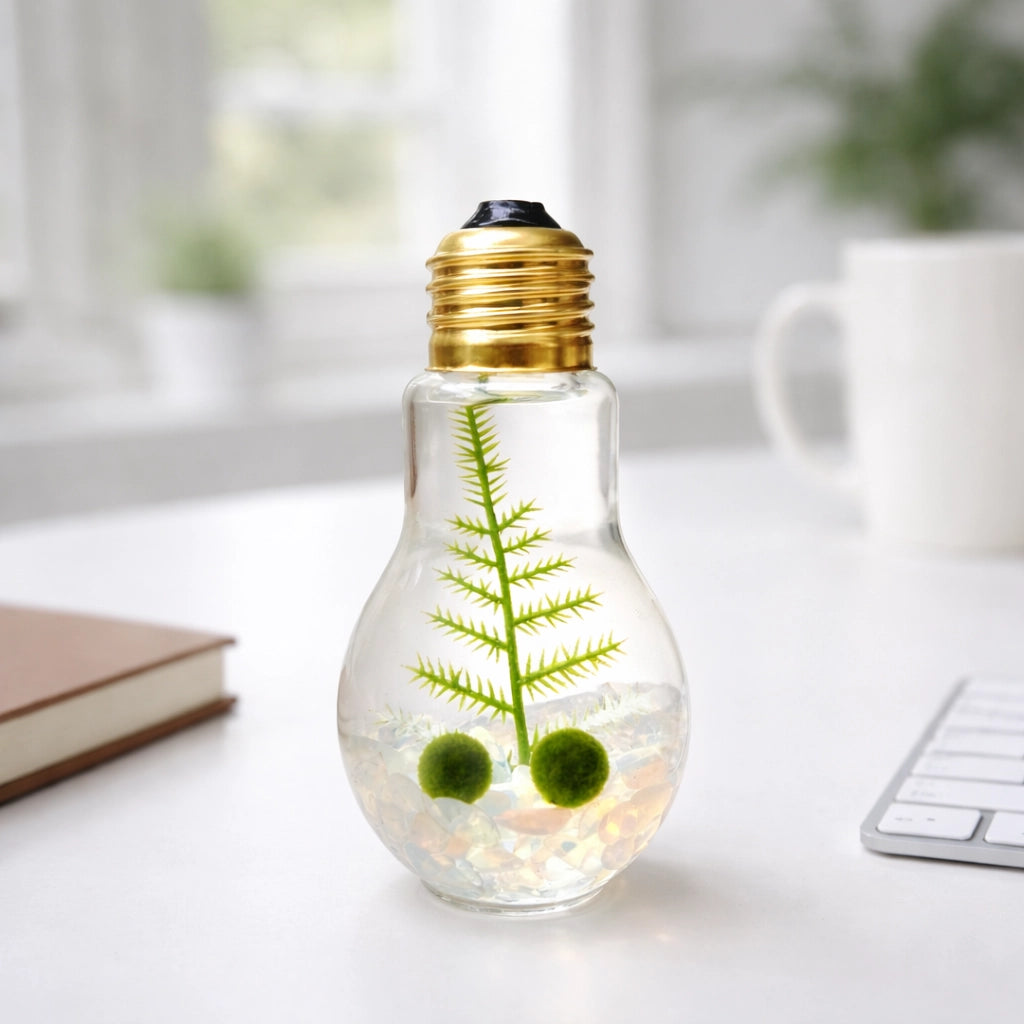 Mini light bulb terrarium with two moss balls and aquatic plant on desk, moss ball pet terrarium plant gift and office desk decor