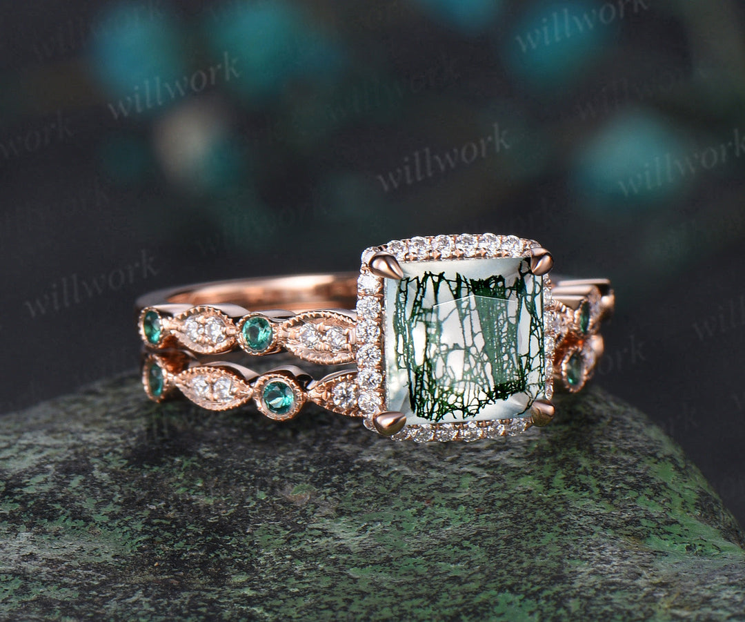 Vintage princess cut moss agate engagement ring rose gold women Milgrain halo half eternity diamond emerald wedding bridal ring set jewelry