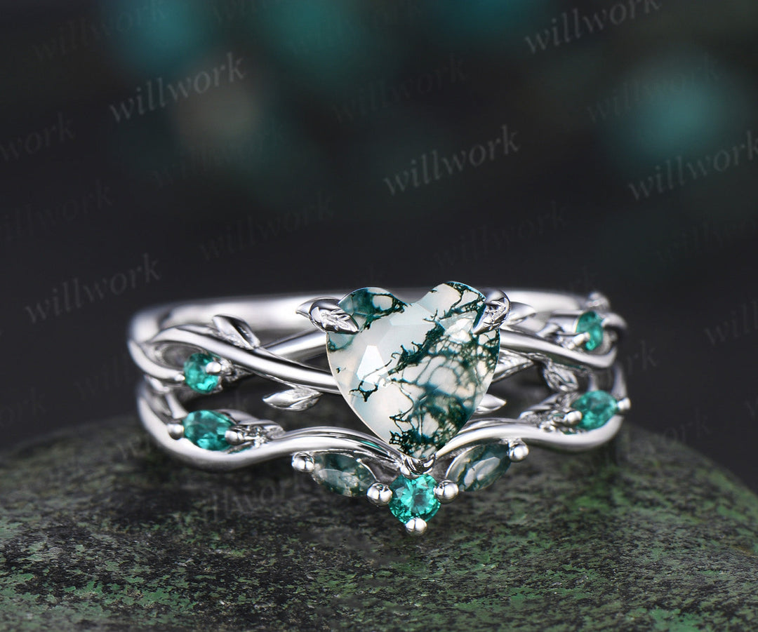 Vintage heart moss agate engagement ring set 14k white gold leaf branch moss agate ring women unique wedding anniversary gift