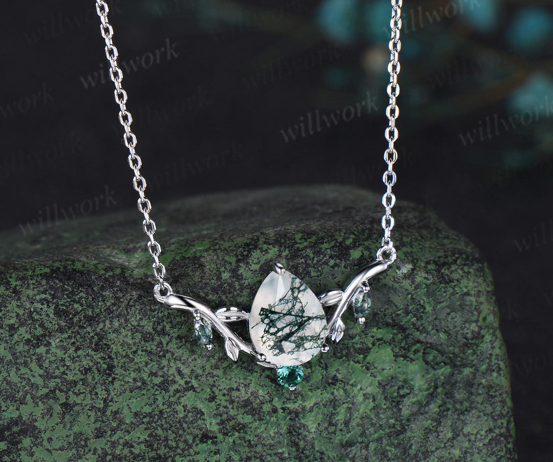 Pear shaped green moss agate necklace solid 14k white gold four stone nature inspired leaf emerald necklace anniversary gift women