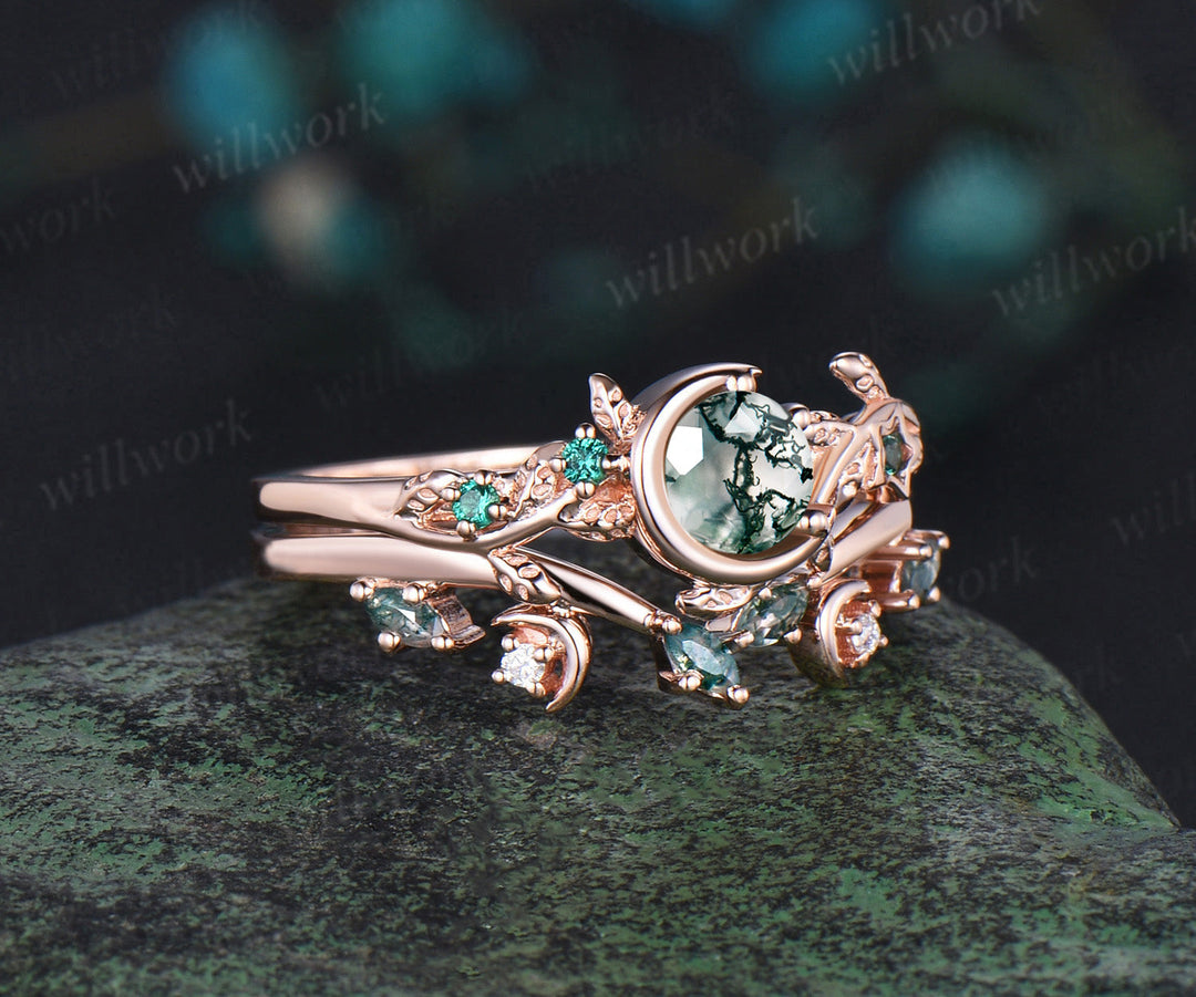 Vintage round cut green moss agate engagement ring rose gold leaf star emerald ring women moon wedding band stacking bridal set