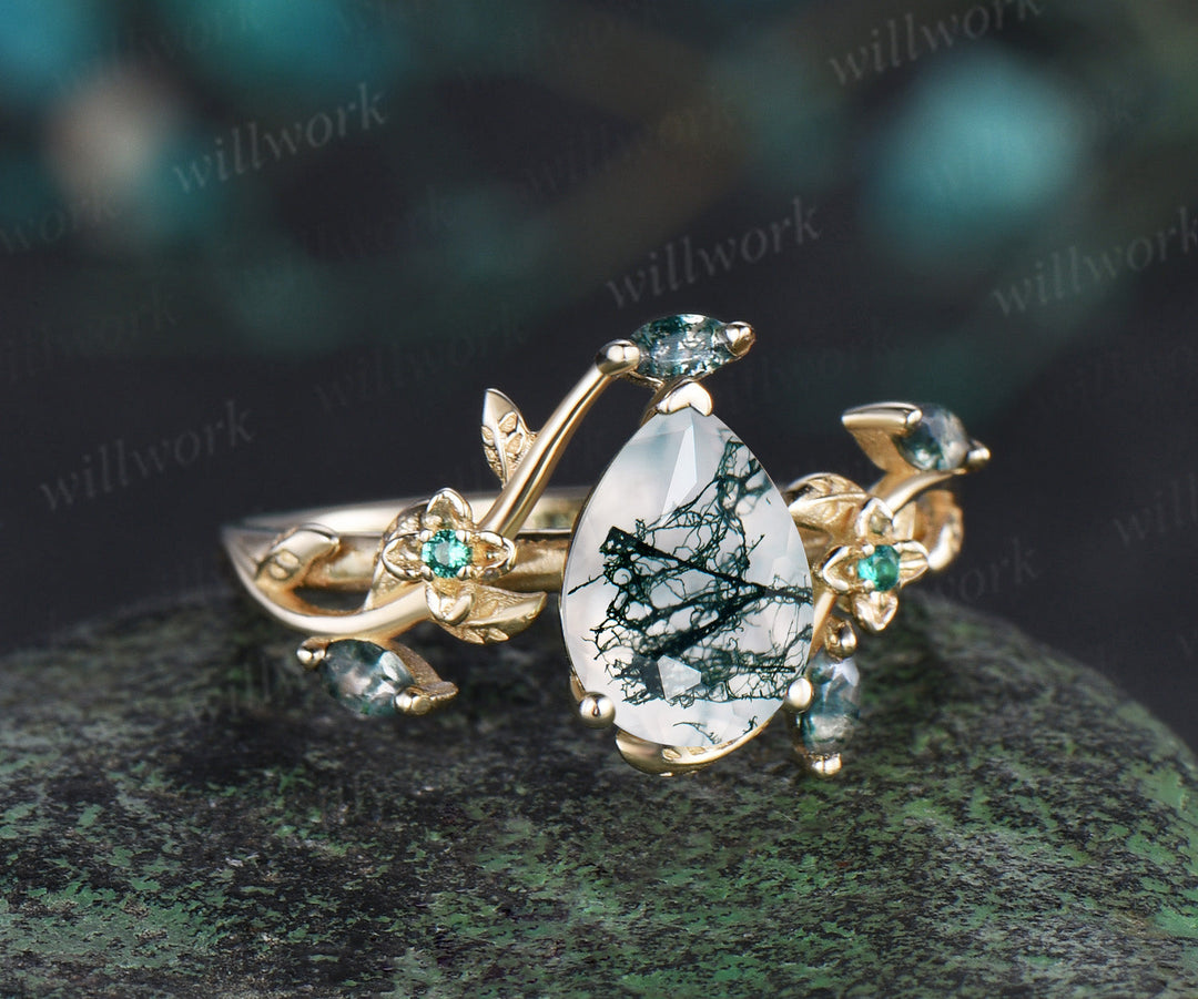 Vintage pear green moss agate engagement ring solid 14k yellow gold nature inspired leaf floral emerald wedding ring women gift