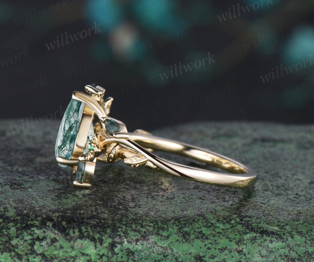 Vintage pear green moss agate engagement ring solid 14k yellow gold nature inspired leaf floral emerald wedding ring women gift
