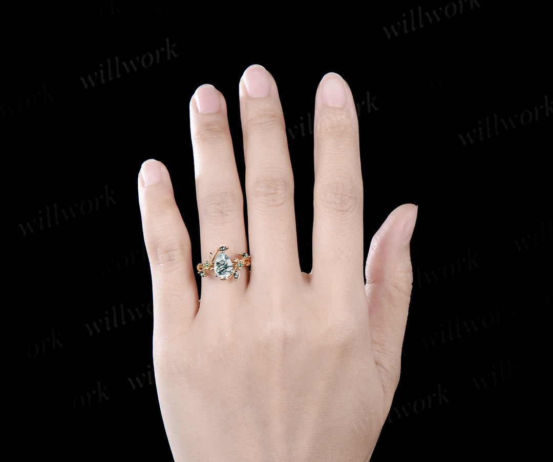 Vintage pear green moss agate engagement ring solid 14k yellow gold nature inspired leaf floral emerald wedding ring women gift
