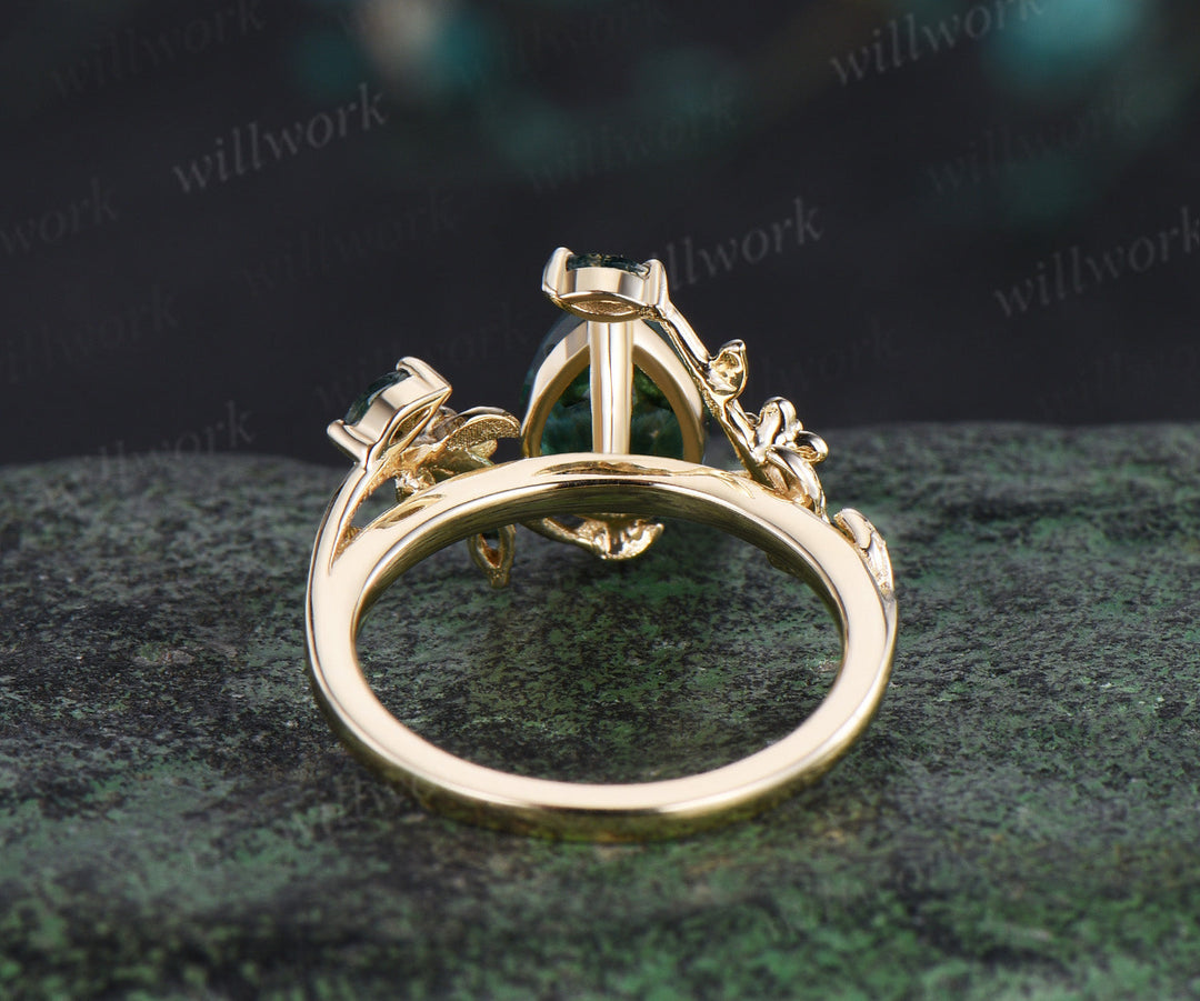 Vintage pear green moss agate engagement ring solid 14k yellow gold nature inspired leaf floral emerald wedding ring women gift