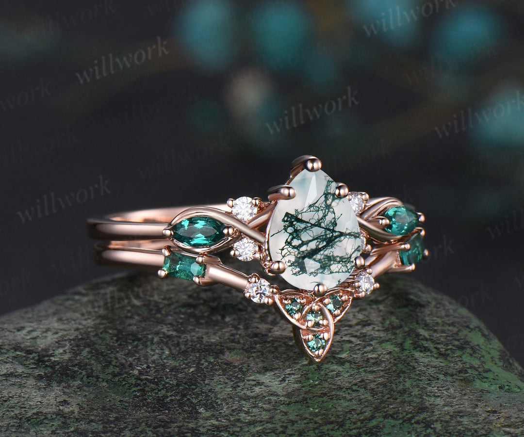 Pear green moss agate engagement ring rose gold infinity twisted Celtic knot Baguette cut emerald bridal ring set women