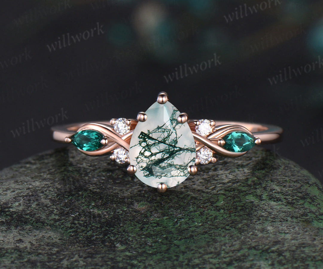 Pear green moss agate engagement ring rose gold infinity twisted Celtic knot Baguette cut emerald bridal ring set women